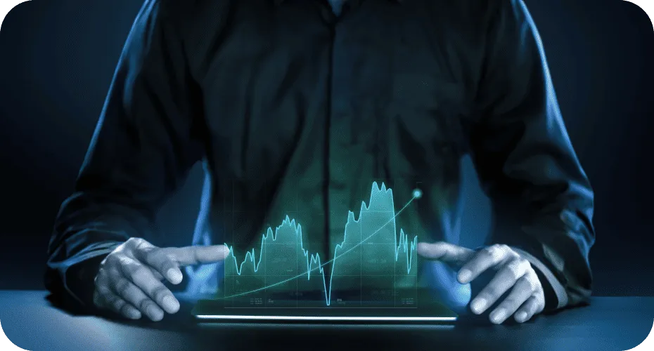 man with stock chart coming out of computer